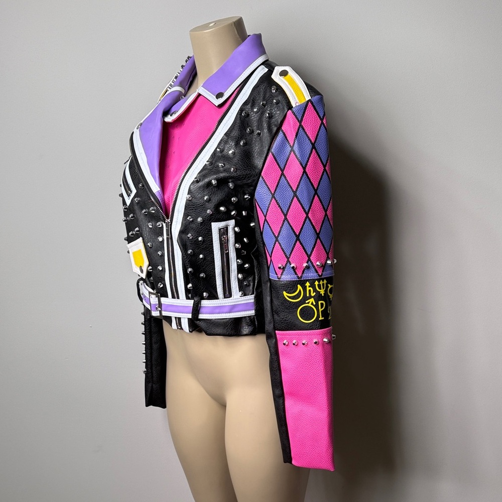 Studded Black Leather Biker Jacket with Pink & Purple Colorblock - Picture 3 of 8